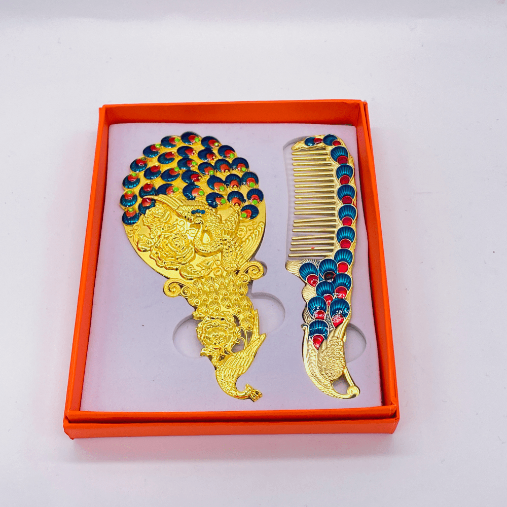 1pc Peacock Embossed Mirror Comb Set Travel Portable Metal Cosmetic Mirror