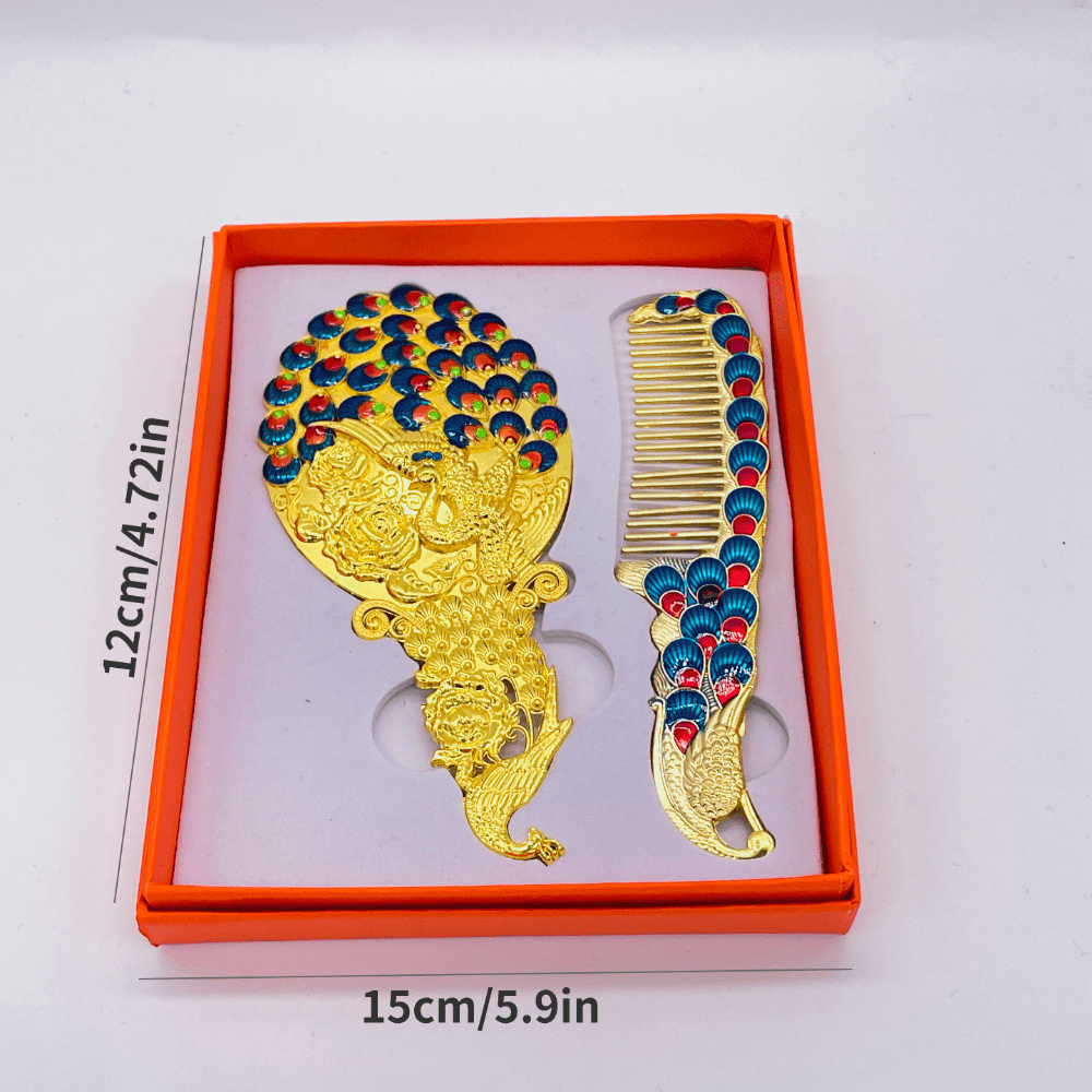 1pc Peacock Embossed Mirror Comb Set Travel Portable Metal Cosmetic Mirror