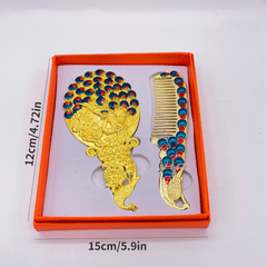 1pc Peacock Embossed Mirror Comb Set Travel Portable Metal Cosmetic Mirror