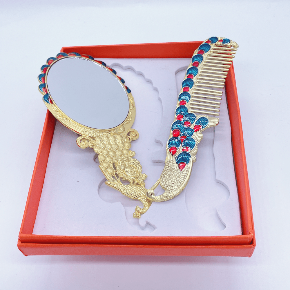 1pc Peacock Embossed Mirror Comb Set Travel Portable Metal Cosmetic Mirror