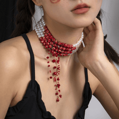 Gothic Pearl Necklace Choker Halloween Blood Tassel Clavicle Necklace