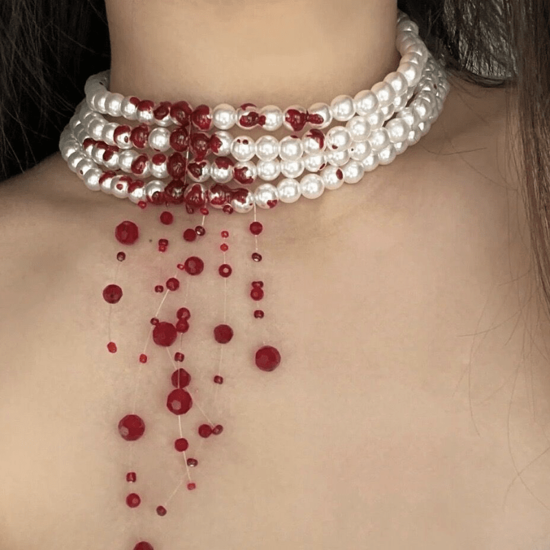 Gothic Pearl Necklace Choker Halloween Blood Tassel Clavicle Necklace