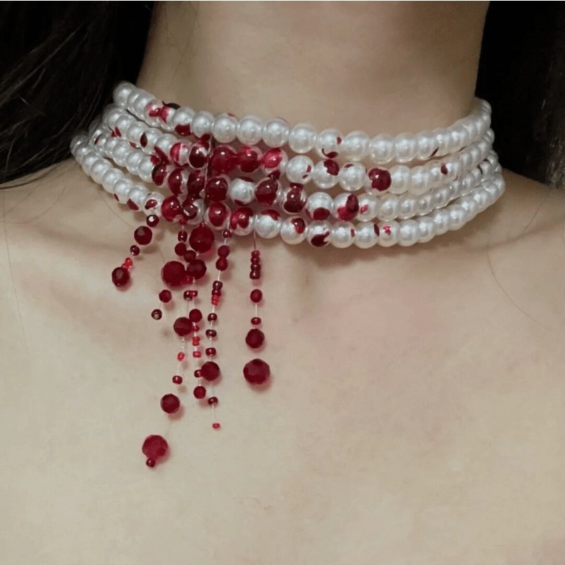 Gothic Pearl Necklace Choker Halloween Blood Tassel Clavicle Necklace