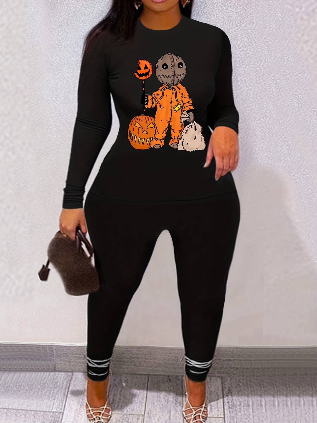 Halloween Graphic Print T Shirt & Solid Leggings Set