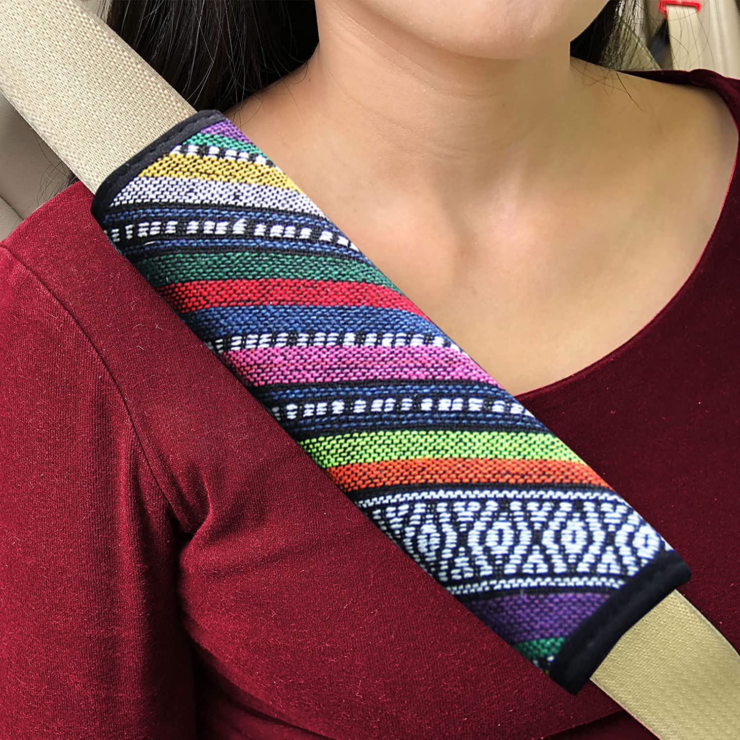 2pcs Cotton Linen Seat Belt Pads Rainbow Colorful