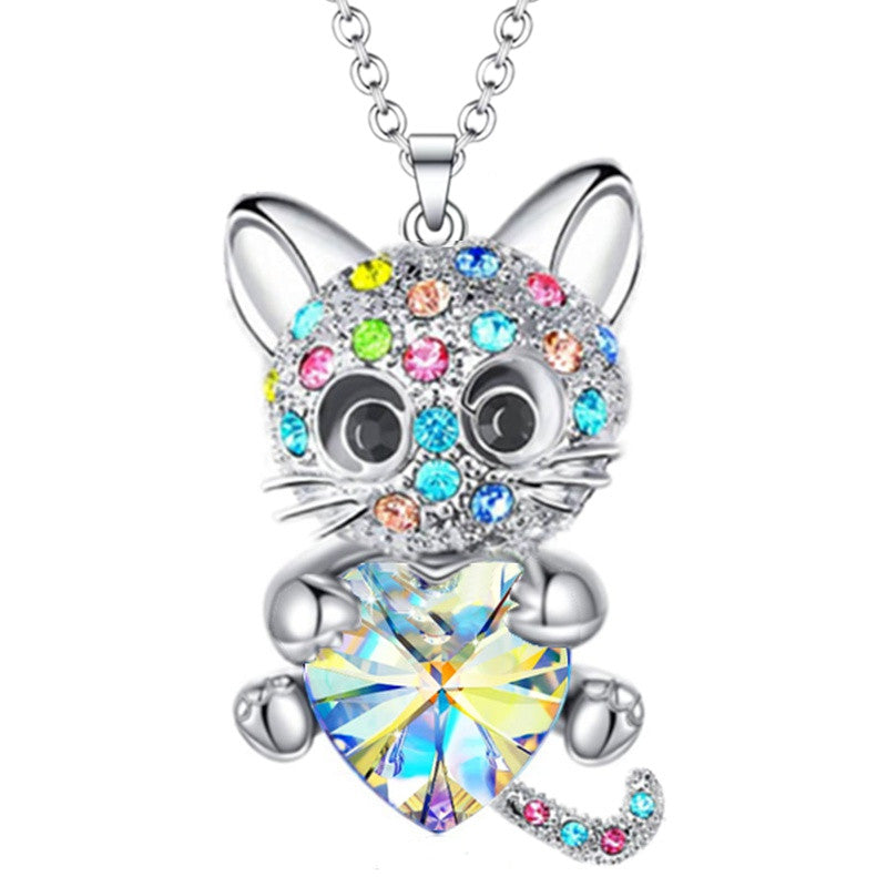 Colorful Rhinestone Naughty Cat Pendant Necklace for Girls