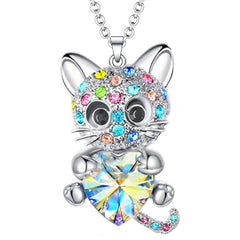 Colorful Rhinestone Naughty Cat Pendant Necklace for Girls