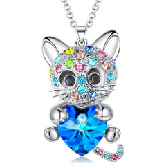 Colorful Rhinestone Naughty Cat Pendant Necklace for Girls