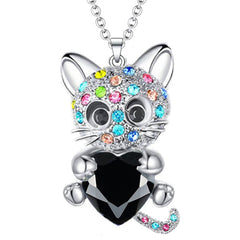 Colorful Rhinestone Naughty Cat Pendant Necklace for Girls