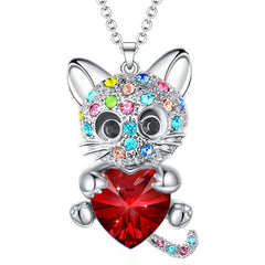 Colorful Rhinestone Naughty Cat Pendant Necklace for Girls