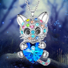 Colorful Rhinestone Naughty Cat Pendant Necklace for Girls
