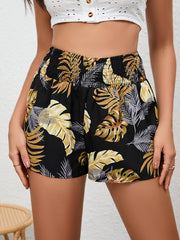 Tropical Print Shirred Waist Shorts for Women