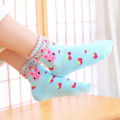 5 Pairs Kids Girls Bunny Strawberry Lace Short Crew Socks Autumn Winter