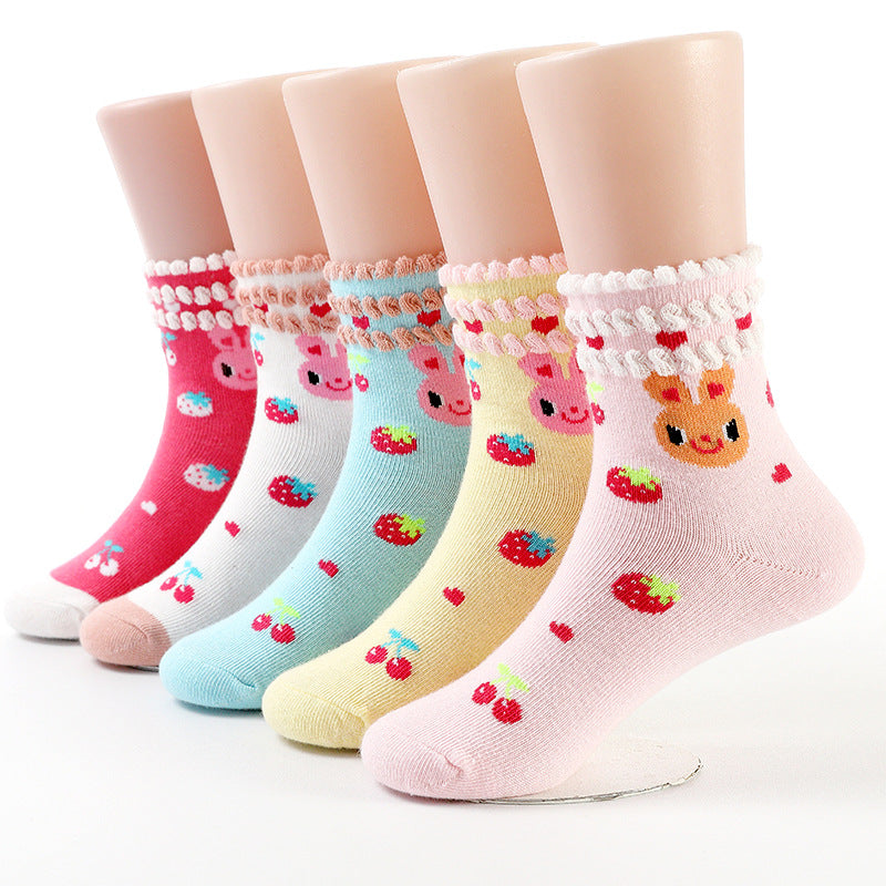 5 Pairs Kids Girls Bunny Strawberry Lace Short Crew Socks Autumn Winter