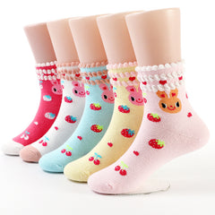 5 Pairs Kids Girls Bunny Strawberry Lace Short Crew Socks Autumn Winter