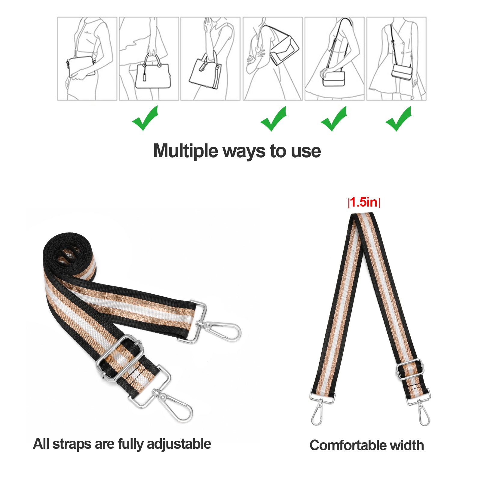 Adjustable Shoulder Strap Replacement Belt Striped Wide Purse Strap