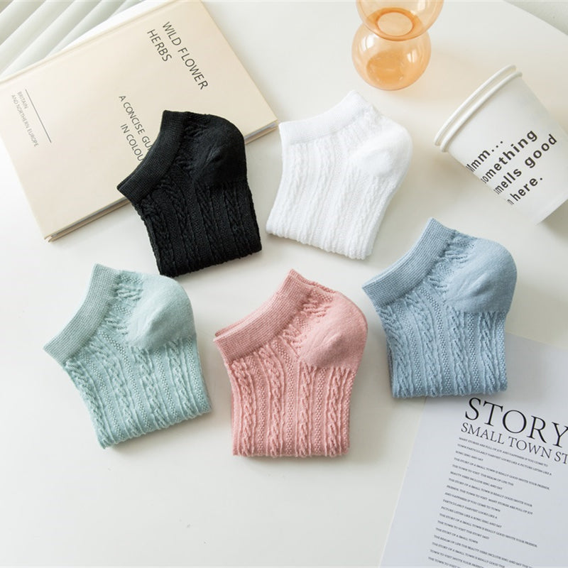 5 Pairs Solid Textured Low Cut Ankle Socks Women's Stockings