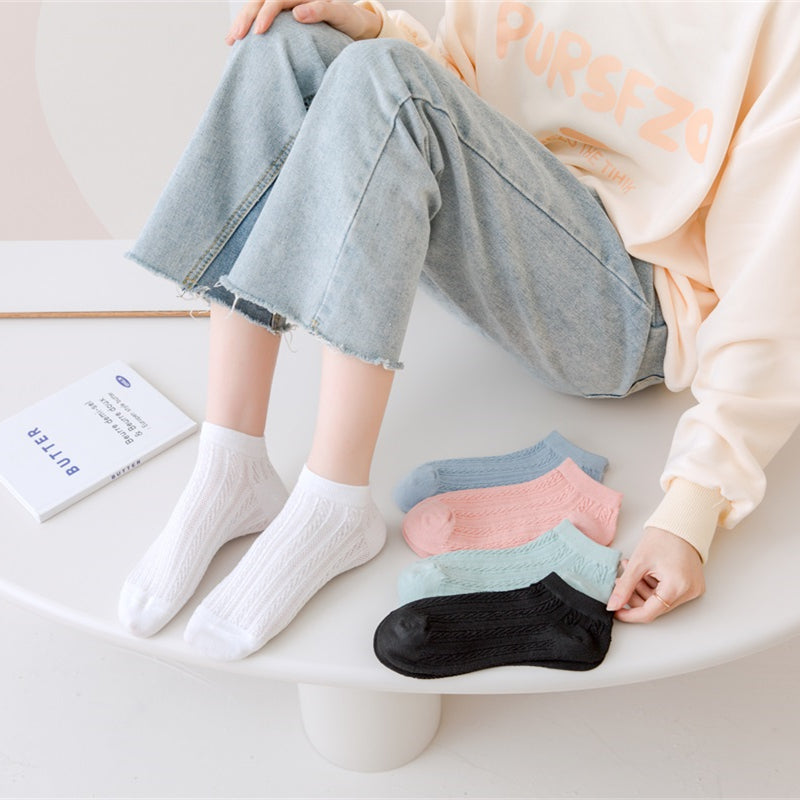 5 Pairs Solid Textured Low Cut Ankle Socks Women's Stockings