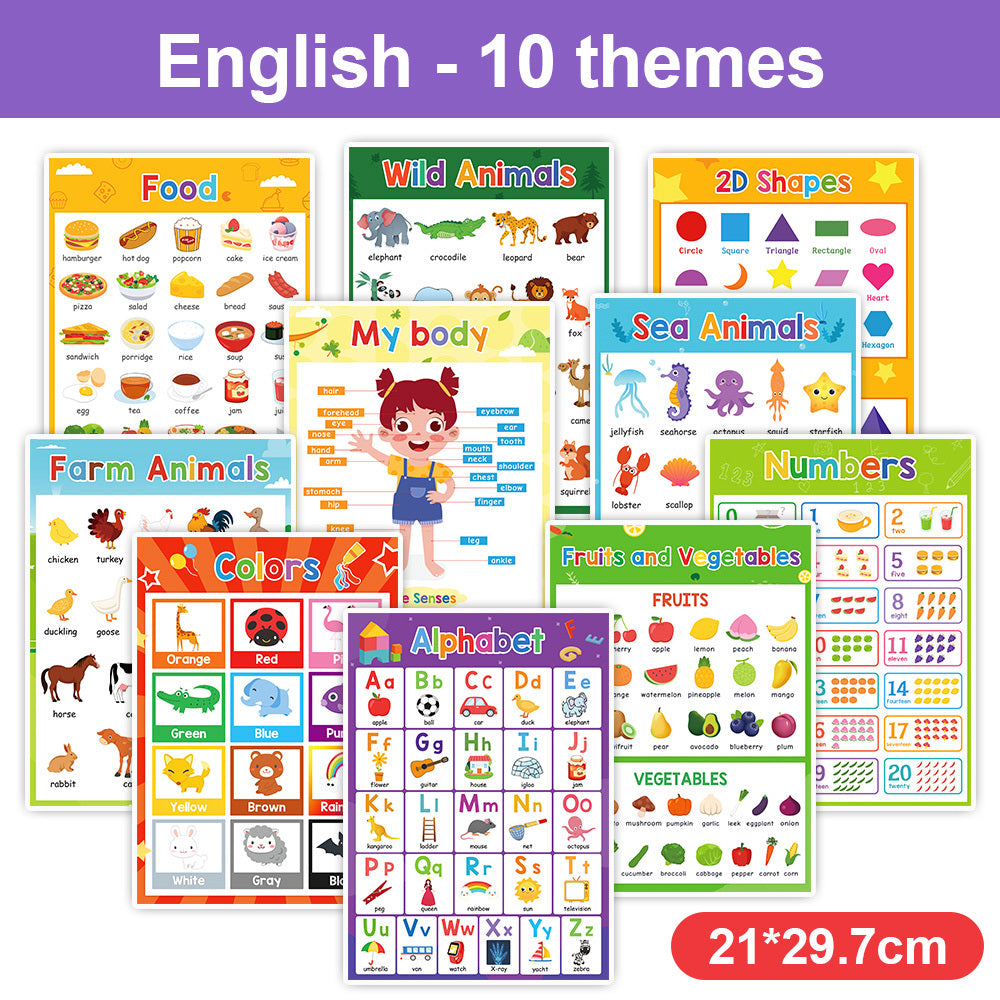 10 Themes Kids Learning English A4 Posters Educational Toys