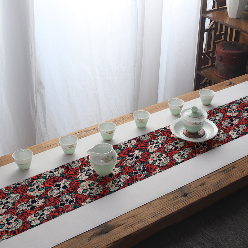 Boho Skull Rose Flower Table Runner Gothic Vintage Waterproof Stain Resistant
