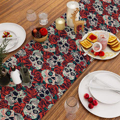 Boho Skull Rose Flower Table Runner Gothic Vintage Waterproof Stain Resistant