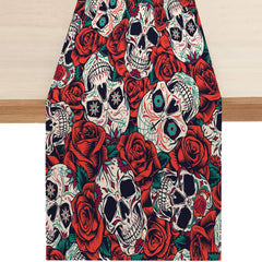 Boho Skull Rose Flower Table Runner Gothic Vintage Waterproof Stain Resistant