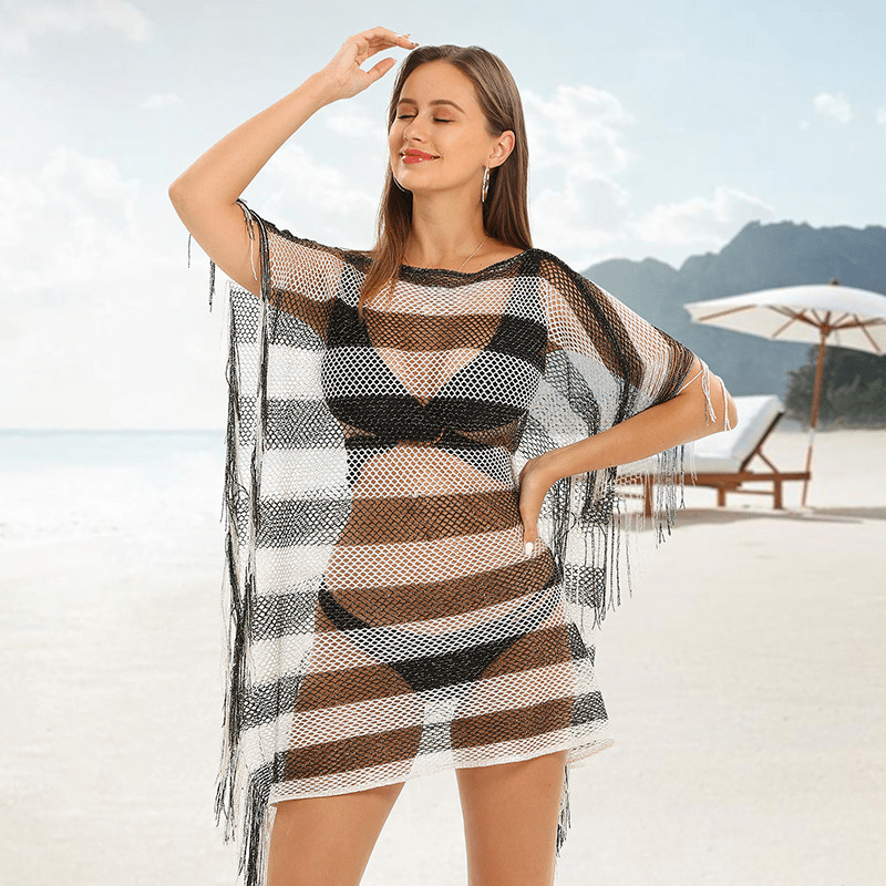 Mesh Breathable Large Shawl Hollow Out Bikini Blouse Tassel Wrap