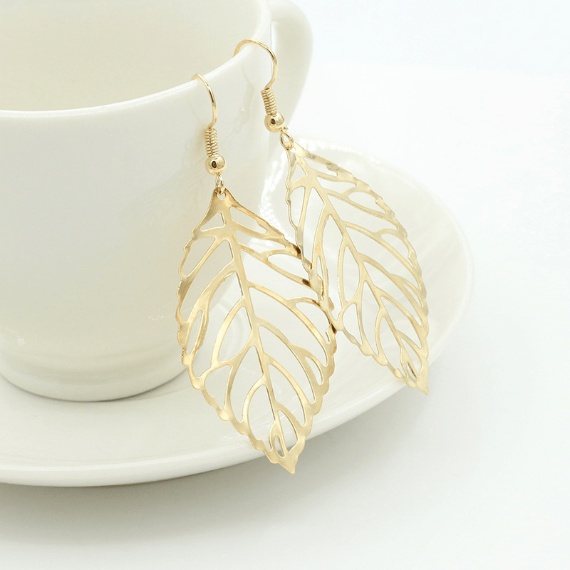 Gold Hollow Leaf Dangle Earrings 18K Plated Jewelry