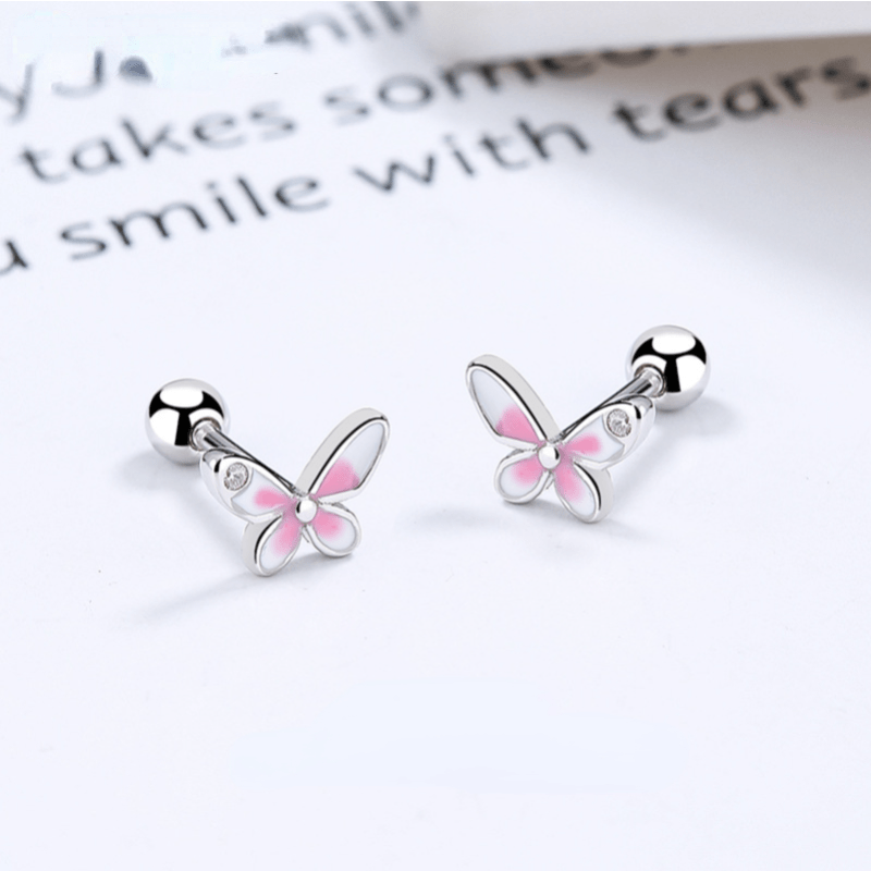 S925 Sterling Silver Pink Butterfly Stud Earrings