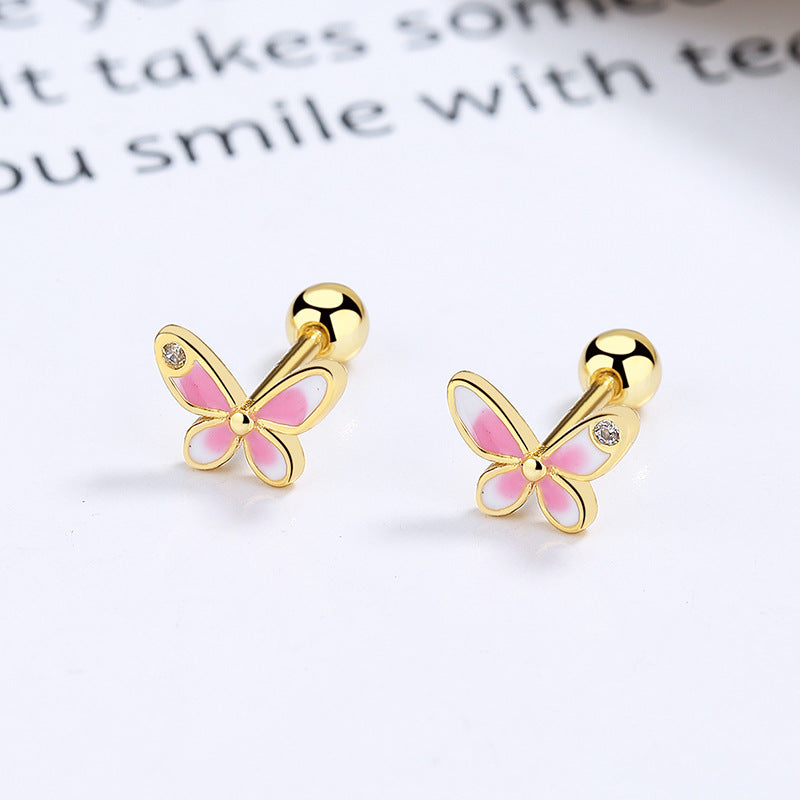 S925 Sterling Silver Pink Butterfly Stud Earrings