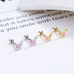 S925 Sterling Silver Pink Butterfly Stud Earrings