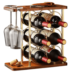 Small Wood Wine Rack with Glass Holder Countertop Stand