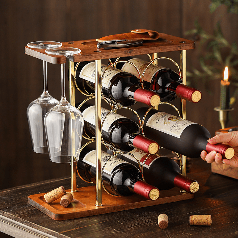 Small Wood Wine Rack with Glass Holder Countertop Stand