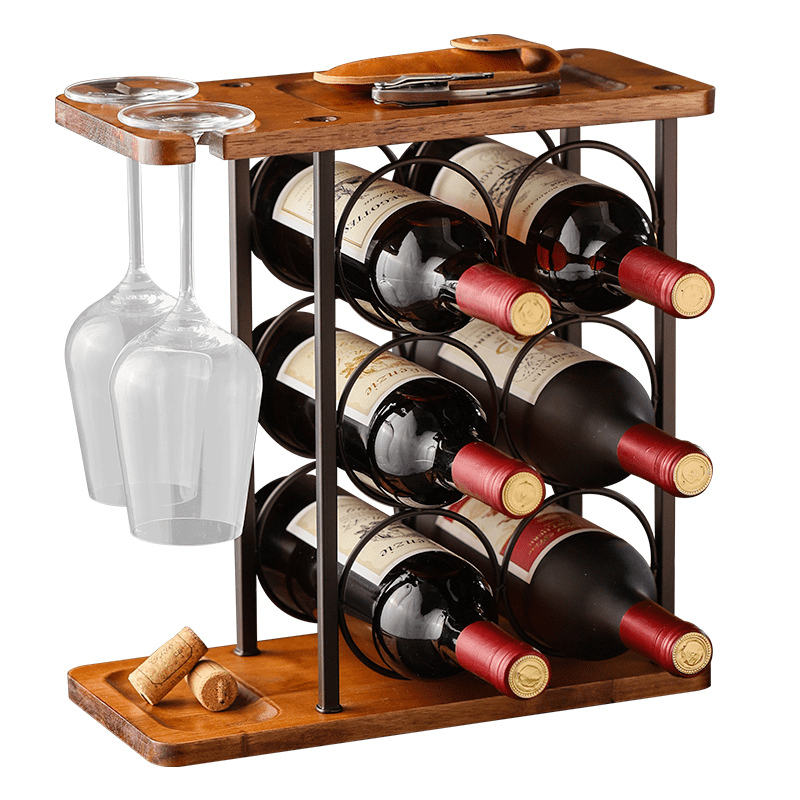 Small Wood Wine Rack with Glass Holder Countertop Stand