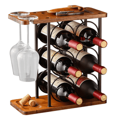 Small Wood Wine Rack with Glass Holder Countertop Stand