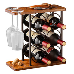 Small Wood Wine Rack with Glass Holder Countertop Stand