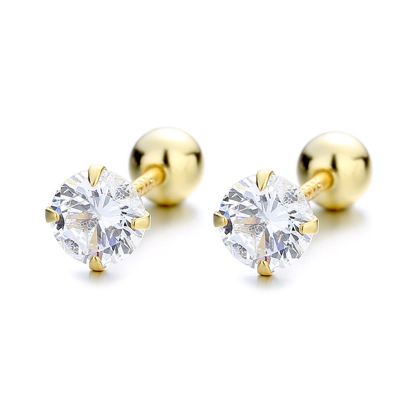 S925 Sterling Silver Zirconia Stud Earrings Girls Buckle Screw Pattern