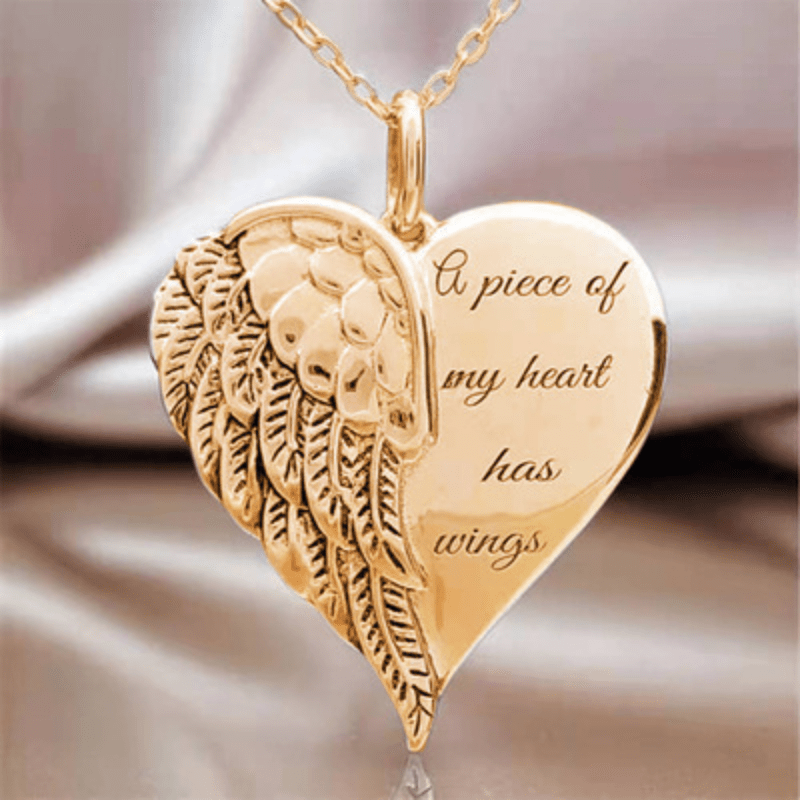 Vintage Funky Engraved Letter Wing Heart Pendant Necklace
