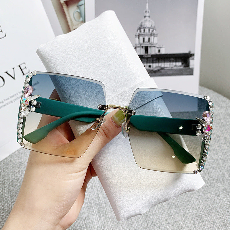 Rhinestone Rimless Sunglasses for Women Gradient UV400 Sun Shades