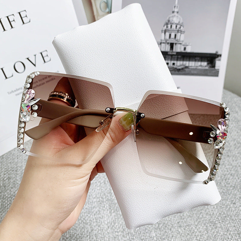 Rhinestone Rimless Sunglasses for Women Gradient UV400 Sun Shades