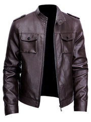 Men's PU Biker Jacket Zip Up Lapel Faux Leather Jacket