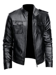 Men's PU Biker Jacket Zip Up Lapel Faux Leather Jacket