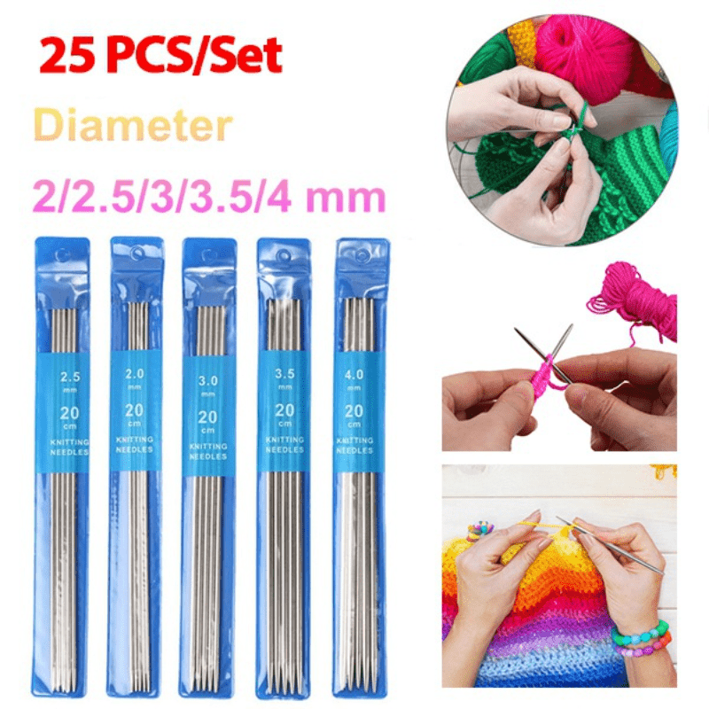 6pcs 7.87in Double-Ended Stainless Steel Knitting Needle Set