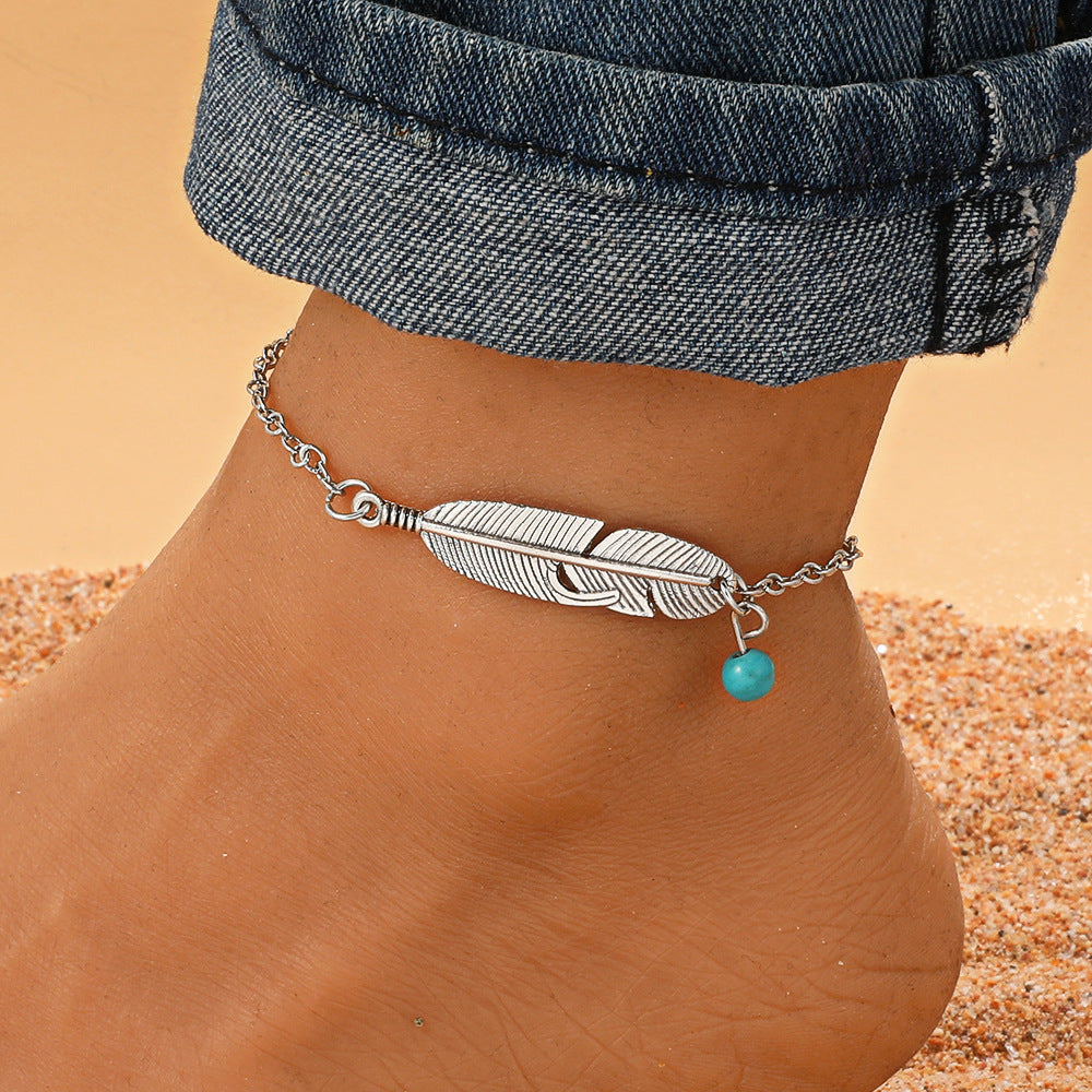 Ethnic Style Feather Anklet Female Leaf Anklet Foot Jewelry