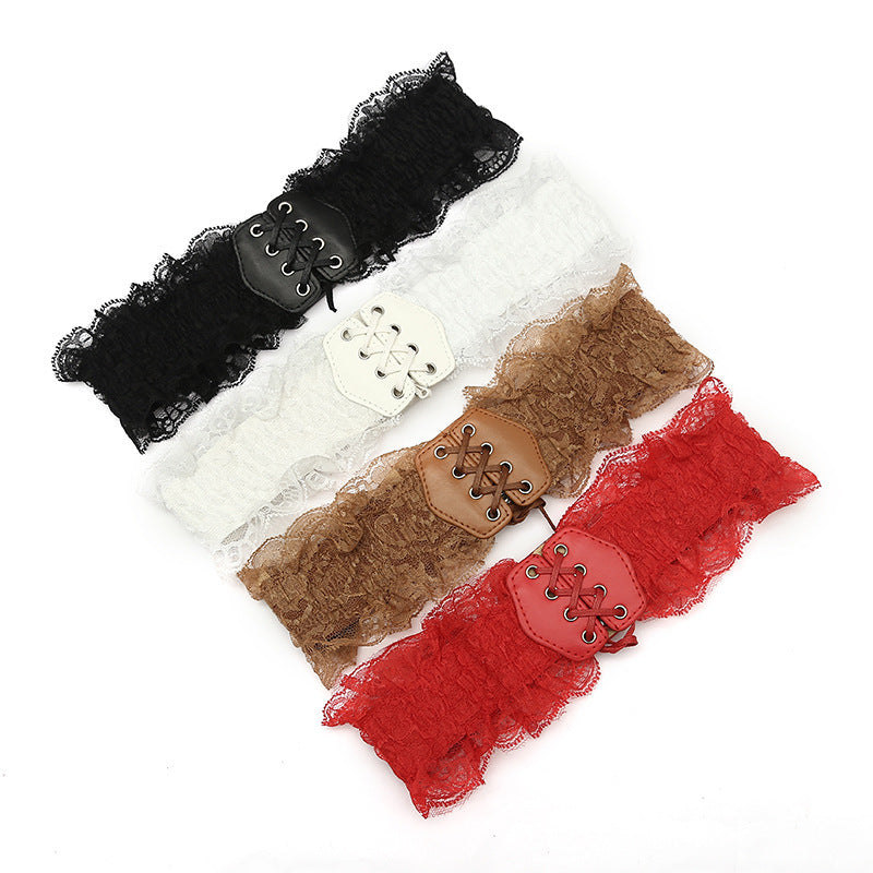 Embroidery Lace Up PU Leather Waistband Elastic Corset Belt