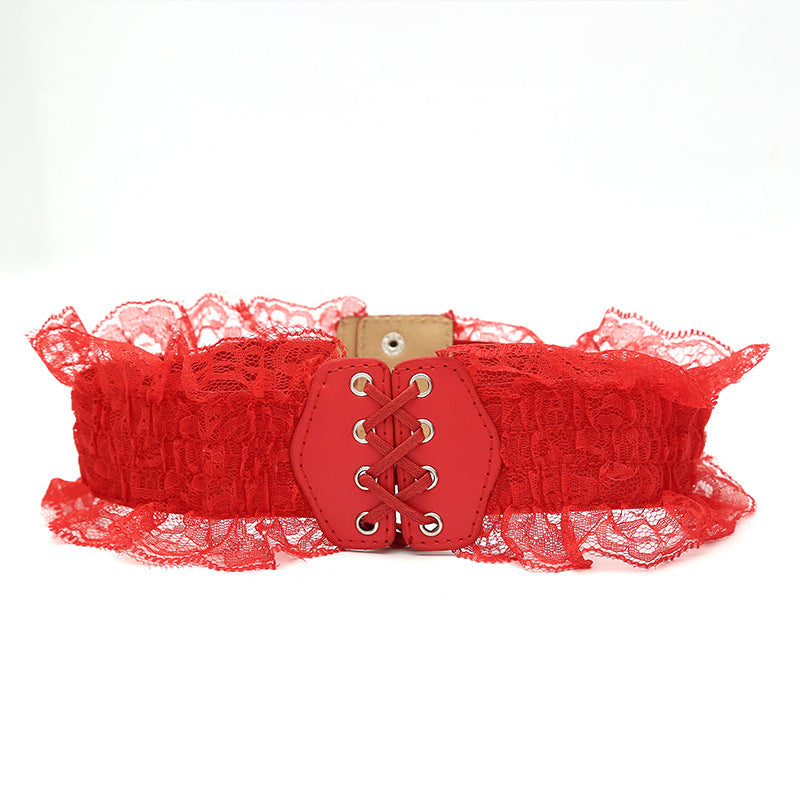 Embroidery Lace Up PU Leather Waistband Elastic Corset Belt