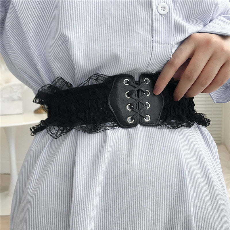 Embroidery Lace Up PU Leather Waistband Elastic Corset Belt