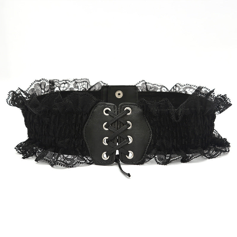 Embroidery Lace Up PU Leather Waistband Elastic Corset Belt