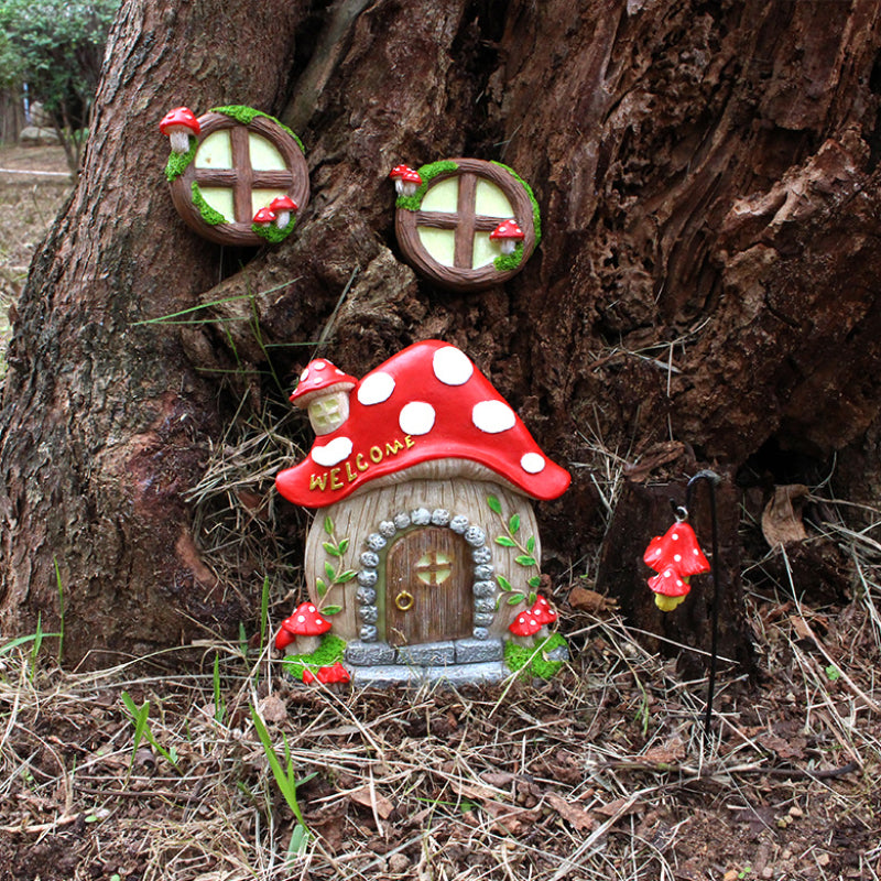 Luminous Mushroom House Resin Statue Garden Pendant Outdoor Decor