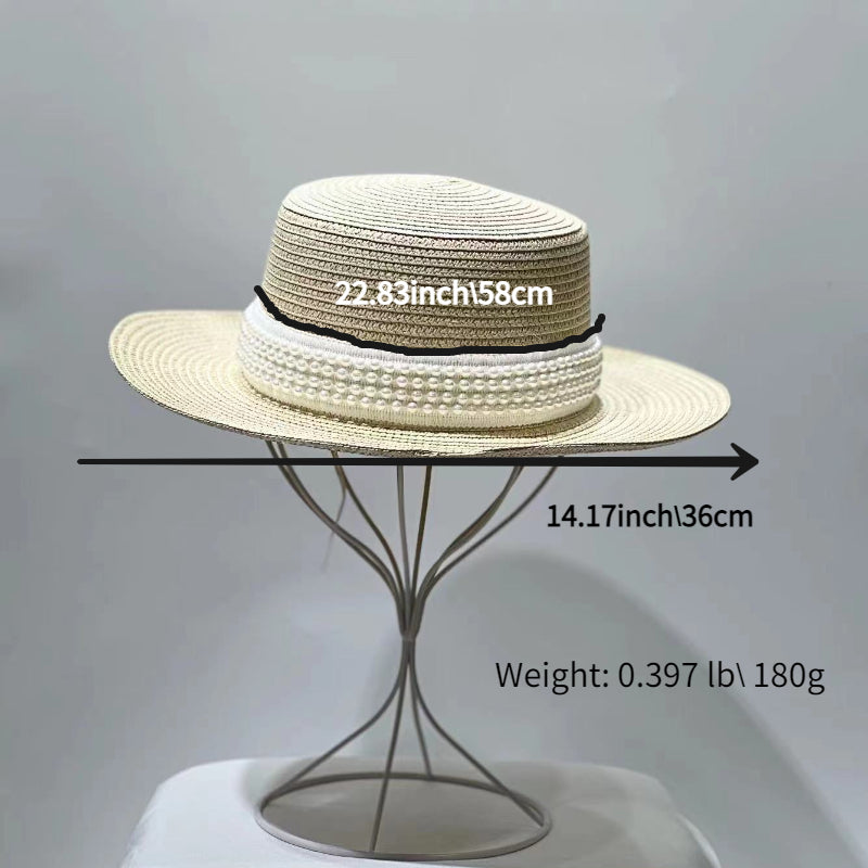 Pearl Decor Sun Hat Flat Top Straw Hat